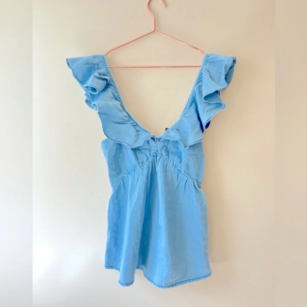 FRENCH CONNECTION 100% COTTON Light Blue Tank Top Ruffled Sleeves Size 2 NWT - Picture 3 of 4